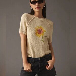 Pilcro Anthropologie Beige Knit Sunflower Sweater